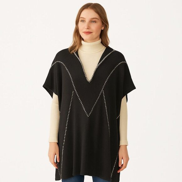 NEW POL Oversized Small Black Hooded Poncho Jacket / Kaftan Decorative Stitching - Picture 1 of 16